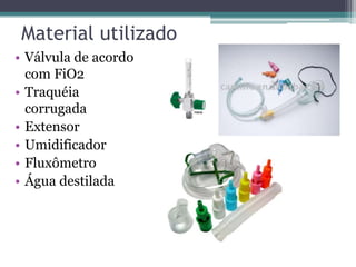 Material utilizado
• Válvula de acordo
com FiO2
• Traquéia
corrugada
• Extensor
• Umidificador
• Fluxômetro
• Água destilada
 
