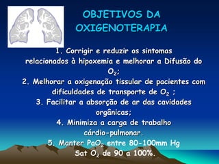 OBJETIVOS DA
OXIGENOTERAPIA
1. Corrigir e reduzir os sintomas
relacionados à hipoxemia e melhorar a Difusão do
O2;
2. Melhorar a oxigenação tissular de pacientes com
dificuldades de transporte de O2 ;
3. Facilitar a absorção de ar das cavidades
orgânicas;
4. Minimiza a carga de trabalho
cárdio-pulmonar.
5. Manter PaO2 entre 80-100mm Hg
Sat O2 de 90 a 100%.
 