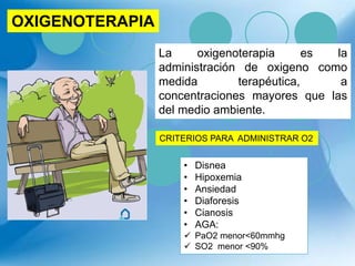 OXIGENOTERAPIA
La oxigenoterapia es la
administración de oxigeno como
medida terapéutica, a
concentraciones mayores que las
del medio ambiente.
CRITERIOS PARA ADMINISTRAR O2
• Disnea
• Hipoxemia
• Ansiedad
• Diaforesis
• Cianosis
• AGA:
 PaO2 menor<60mmhg
 SO2 menor <90%
 