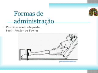 • Posicionamento adequado
Semi- Fowler ou Fowler
Formas de
administração
quickmassagepassoapasso.com.
br
 