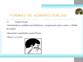 1) Cateter Nasal:
•Introduzido na cavidade nasal (distância = comprimento entre o nariz e o lóbulo
da orelha)
•Removido e substituído a cada 8 horas.
•Fluxo: 1-5 L/min
www.suru.com
 