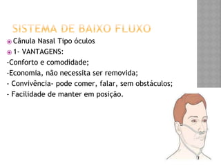 ⦿ Cânula Nasal Tipo óculos
⦿ 1- VANTAGENS:
-Conforto e comodidade;
-Economia, não necessita ser removida;
- Convivência- pode comer, falar, sem obstáculos;
- Facilidade de manter em posição.
 