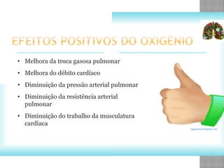 • Melhora da troca gasosa pulmonar
• Melhora do débito cardíaco
• Diminuição da pressão arterial pulmonar
• Diminuição da resistência arterial
pulmonar
• Diminuição do trabalho da musculatura
cardíaca
reggaecarros.blogspot.com
 