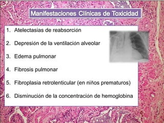 1. Atelectasias de reabsorción 
2. Depresión de la ventilación alveolar 
3. Edema pulmonar 
4. Fibrosis pulmonar 
5. Fibroplasia retrolenticular (en niños prematuros) 
6. Disminución de la concentración de hemoglobina 
 