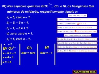 02) Nas espécies químicas BrO3 , Cl2 e Hl, os halogênios têm
números de oxidação, respectivamente, iguais a:
1 –
a) – 5, zero e – 1.
b) – 5, – 5 e – 1.
c) – 1, – 5 e + 1.
d) zero, zero e + 1.
e) + 5, zero e – 1.
Br O3 Cl2 HI1 –
x – 2
R EG R A S PR Á TI CA S
S U BS T. SI M PLES : N ox = 0
S U BS T. CO M PO STA : N ox = 0
Í O N S SI M P LES : N ox = C A R G A D O Í O N
Í O N S CO M P LEX O : N ox = CA R G A D O Í O N
N ox con st an t e em com pos t os
H , A g, L i, N a , K , R b, C s, Fr: N ox = + 1
Z n, Cd, Be, M g, C a, Sr, B a , R a: N ox = + 2
O , S , S e, Te, Po : N ox = - 2 ( )fim da fórm ula
F, Cl, Br, I, A t : N ox = -1 ( )fim d a fórm u la
x – 6 = – 1
x = 6 – 1
x = + 5
Nox = zero Nox = – 1
Prof. VINICIUS SLVA
 