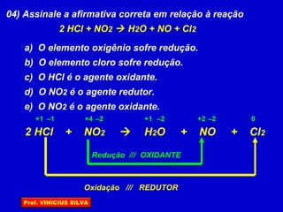 04) Assinale a afirmativa correta em relação à reação
2 HCl + NO2  H2O + NO + Cl2
a) O elemento oxigênio sofre redução.
b) O elemento cloro sofre redução.
c) O HCl é o agente oxidante.
d) O NO2 é o agente redutor.
e) O NO2 é o agente oxidante.
2 HCl + NO2  H2O + NO + Cl2
+1+4+1 –1 –2 –2 +2 –2 0
Oxidação /// REDUTOR
Redução /// OXIDANTE
Prof. VINICIUS SILVA
 