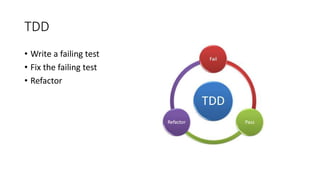 TDD
• Write a failing test
• Fix the failing test
• Refactor
 