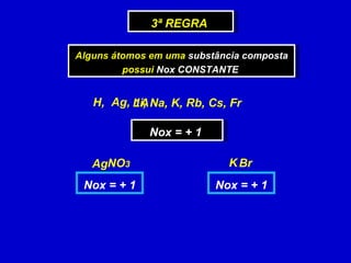3ª REGRA  Alguns átomos em uma  substância composta possui  Nox CONSTANTE  Ag, 1A  H, Nox = + 1  Li, Na, K, Rb, Cs, Fr  NO 3   Ag Nox = + 1 Br  K Nox = + 1 