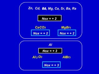 Cd, 2A  Zn, Nox = + 2  Be, Mg, Ca, Sr, Ba, Ra  CO 3   Ca Nox = + 2 Br 2   Mg Nox = + 2 Al Nox = + 3  O 3   Al Br 3   Al 2  Nox = + 3 