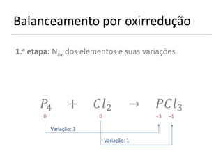 Balanceamento por oxirredução

1.a etapa: Nox dos elementos e suas variações




      4         +      2          →   3
       0                  0                 +3   ̶1

           Variação: 3

                              Variação: 1
 