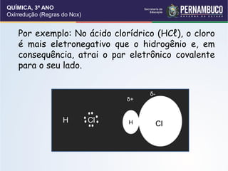 QUÍMICA, 3ª ANO
Oxirredução (Regras do Nox)
Por exemplo: No ácido clorídrico (HCℓ), o cloro
é mais eletronegativo que o hidrogênio e, em
consequência, atrai o par eletrônico covalente
para o seu lado.
H Cl
δ+
δ-
H Cl
 