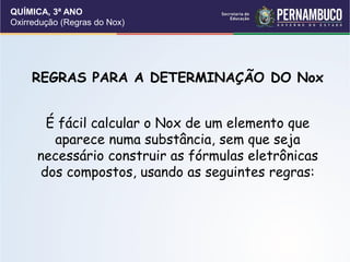 QUÍMICA, 3ª ANO
Oxirredução (Regras do Nox)
REGRAS PARA A DETERMINAÇÃO DO Nox
É fácil calcular o Nox de um elemento que
aparece numa substância, sem que seja
necessário construir as fórmulas eletrônicas
dos compostos, usando as seguintes regras:
 