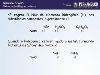QUÍMICA, 3ª ANO
Oxirredução (Regras do Nox)
4ª regra: O Nox do elemento hidrogênio (H), nas
substâncias compostas, é geralmente +1.
HBr H2SO4 C6H12O6
Nox: +1 +1 +1
Quando o hidrogênio estiver ligado a metal, formando
hidretos metálicos, seu Nox é -1 .
NaH CaH2
Nox: –1 –1
 