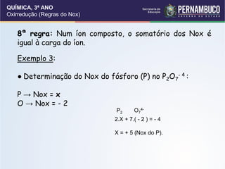 QUÍMICA, 3ª ANO
Oxirredução (Regras do Nox)
8ª regra: Num íon composto, o somatório dos Nox é
igual à carga do íon.
Exemplo 3:
● Determinação do Nox do fósforo (P) no P2O7
- 4 :
P → Nox = x
O → Nox = - 2
P2 O7
4-
2.X + 7.( - 2 ) = - 4
X = + 5 (Nox do P).
 
