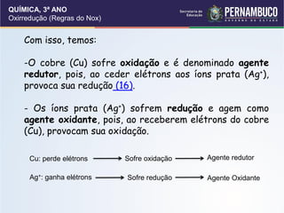 QUÍMICA, 3ª ANO
Oxirredução (Regras do Nox)
Com isso, temos:
-O cobre (Cu) sofre oxidação e é denominado agente
redutor, pois, ao ceder elétrons aos íons prata (Ag+),
provoca sua redução (16).
- Os íons prata (Ag+) sofrem redução e agem como
agente oxidante, pois, ao receberem elétrons do cobre
(Cu), provocam sua oxidação.
Cu: perde elétrons Sofre oxidação Agente redutor
Sofre redução
Ag+: ganha elétrons Agente Oxidante
 