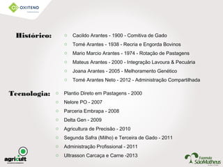 o Cacildo Arantes - 1900 - Comitiva de Gado
o Tomé Arantes - 1938 - Recria e Engorda Bovinos
o Mario Marcio Arantes - 1974 - Rotação de Pastagens
o Mateus Arantes - 2000 - Integração Lavoura & Pecuária
o Joana Arantes - 2005 - Melhoramento Genético
o Tomé Arantes Neto - 2012 - Administração Compartilhada
Histórico:
o Plantio Direto em Pastagens - 2000
o Nelore PO - 2007
o Parceria Embrapa - 2008
o Delta Gen - 2009
o Agricultura de Precisão - 2010
o Segunda Safra (Milho) e Terceira de Gado - 2011
o Administração Profissional - 2011
o Ultrasson Carcaça e Carne -2013
Tecnologia:
 