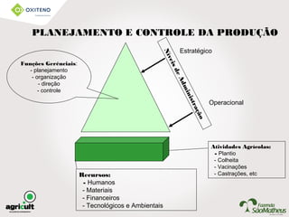 Recursos:
- Humanos
- Materiais
- Financeiros
- Tecnológicos e Ambientais
Atividades Agrícolas:
- Plantio
- Colheita
- Vacinações
- Castrações, etc
Funções Gerênciais:
- planejamento
- organização
- direção
- controle
NíveisdeAdministração
Estratégico
Operacional
PLANEJAMENTO E CONTROLE DA PRODUÇÃO
 
