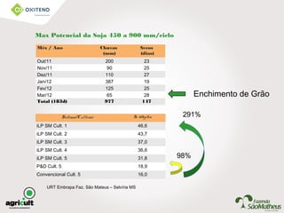 URT Embrapa Faz. São Mateus – Selvíria MS
Max Potencial da Soja 450 a 900 mm/ciclo
Mês / Ano Chuvas
(mm)
Secos
(dias)
Out/11 200 23
Nov/11 90 25
Dez/11 110 27
Jan/12 387 19
Fev/12 125 25
Mar/12 65 28
Total (183d) 977 147
Sistema/Cultivar Sc 60kg/ha
iLP SM Cult. 1 46,6
iLP SM Cult. 2 43,7
iLP SM Cult. 3 37,0
iLP SM Cult. 4 36,6
iLP SM Cult. 5 31,8
P&D Cult. 5 18,9
Convencional Cult. 5 16,0
98%
291%
Enchimento de Grão
 