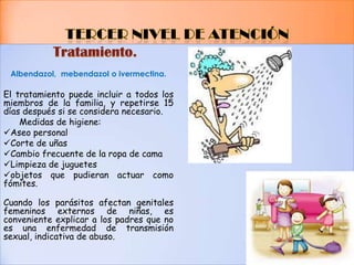 Albendazol, mebendazol o ivermectina.

El tratamiento puede incluir a todos los
miembros de la familia, y repetirse 15
días después si se considera necesario.
Medidas de higiene:
Aseo personal
Corte de uñas
Cambio frecuente de la ropa de cama
Limpieza de juguetes
objetos que pudieran actuar como
fómites.
Cuando los parásitos afectan genitales
femeninos externos de niñas, es
conveniente explicar a los padres que no
es una enfermedad de transmisión
sexual, indicativa de abuso.

 