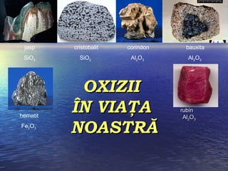 corindon 
Al2O3 
hematit 
Fe2O3 
cristobalit 
SiO2 
jasp 
SiO2 
bauxita 
Al2O3 
rruubbiinn 
AAll22OO33 
OOXXIIZZIIII 
ÎÎNN...