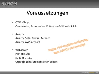 VoraussetzungenOXID eShop	Community-, Professional-, Enterprise-Edition ab 4.1.5Amazon	Amazon Seller Central Account	Amazon AWS AccountWebserverPHP ab 5.2.8cURLab 7.18.0Cronjobs zum automatisierten ExportReine PHP-Implementierung,kein AMTU notwendig!