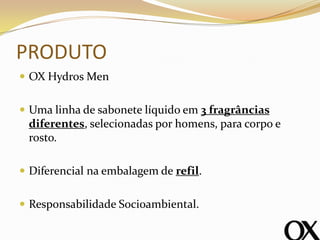 PRODUTO
 OX Hydros Men
 Uma linha de sabonete líquido em 3 fragrâncias
diferentes, selecionadas por homens, para corpo e
rosto.
 Diferencial na embalagem de refil.
 Responsabilidade Socioambiental.
 