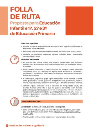 FOLLA
DE RUTA
PropostaparaEducación
Infantile1º, 2ºe3º
deEducaciónPrimaria
•
•
•
•
•
•
6
Obxectivos especíﬁcos
Aprender e practicar vocabulario sobre certo tipo de tema especíﬁcos relacionado co
xogo: cores, formas e xoguetes.
Reﬂexionar sobre as diferenzas de xénero reais e percibidas entre nenos e nenas..
Interiorizar que non debería haber cores, xoguetes, profesións, xogos... determinados
para nenose para nenas.
Introdución á actividade
No apartado Para enfocar o tema, que atoparás no ﬁnal desta guía, incluímos
algúns datos, recursos útiles e dicionarios coeducativo que servirán de apoio á
actividade.
Podes comezar informando á clase da situación das mulleres e nenas no mundo
con grandes cifras ou cuestións moi signiﬁcativas relacionadas co dereito á
propiedade, a pobreza ou o acceso á educación básica, adaptando á información
á idade do alumnado.
A continuación, explica ao grupo algúns conceptos básicos relativos ao tema,
como igualdade de xénero, igualdade de oportunidades, estereotipos, roles de
xénero, linguaxe sexista, corresponsabilidade, ou a diferenza entre sexo e xénero.
Comenta algúns exemplos sobre a situación de desigualdade actual, por
exemplo facendo unha lista co que lles gustaría ser cando sexan maiores,
pedíndolles que pensen que profesións son desenvolvidas por homes e mulleres
na súa maioría, ou transmitíndolles que en España tanto nenos coma nenas van
a clase en igualdade de condicións, pero que noutras partes do mundo non é así.
mundo no ocurre así.
Canción sobre os nenos, as nenas, as tarefas e os xoguetes.
Como tarefa introdutoria, propose ver o vídeo Igualdad de género, elaborado
pola Junta de Andalucía (duración 1’25’’): https://www.youtube.com/watch?v=
iax2W9qAfK0
A continuación, pódese animar ao alumnado a cantar o coro da canción.
•
•
Ideas para facer na clase
Dereitos das mulleres e igualdade
•
 