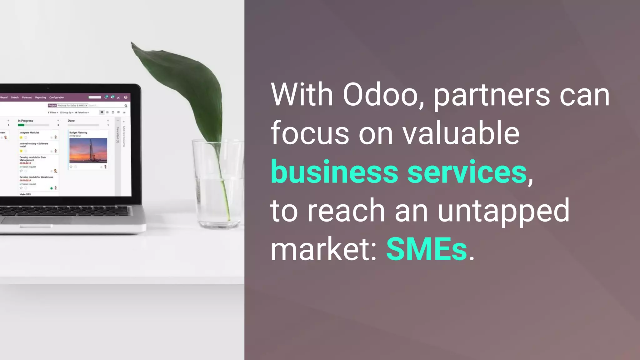 With Odoo, partners can
focus on valuable
business services,
to reach an untapped
market: SMEs.
 