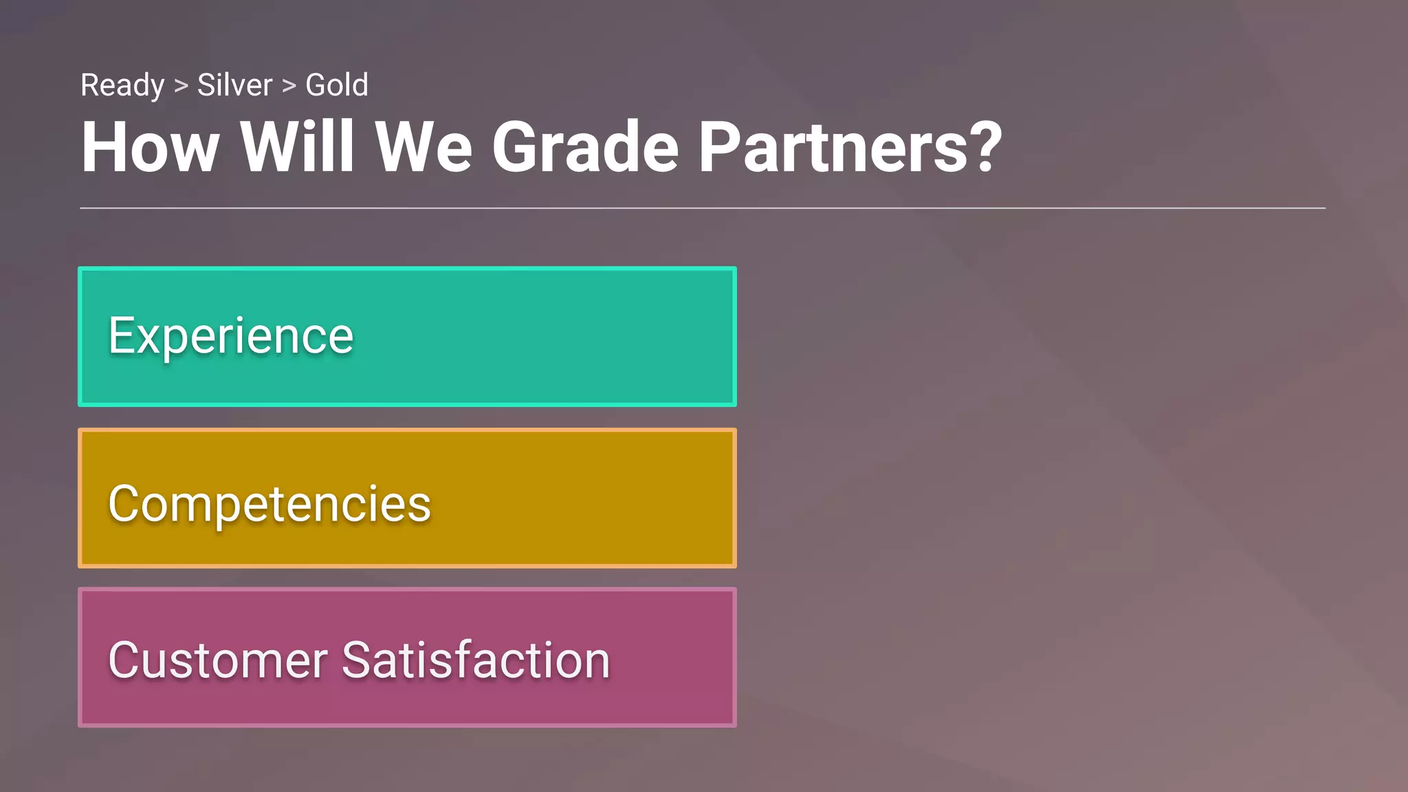 Ready > Silver > Gold
How Will We Grade Partners?
Experience
Competencies
Customer Satisfaction
 