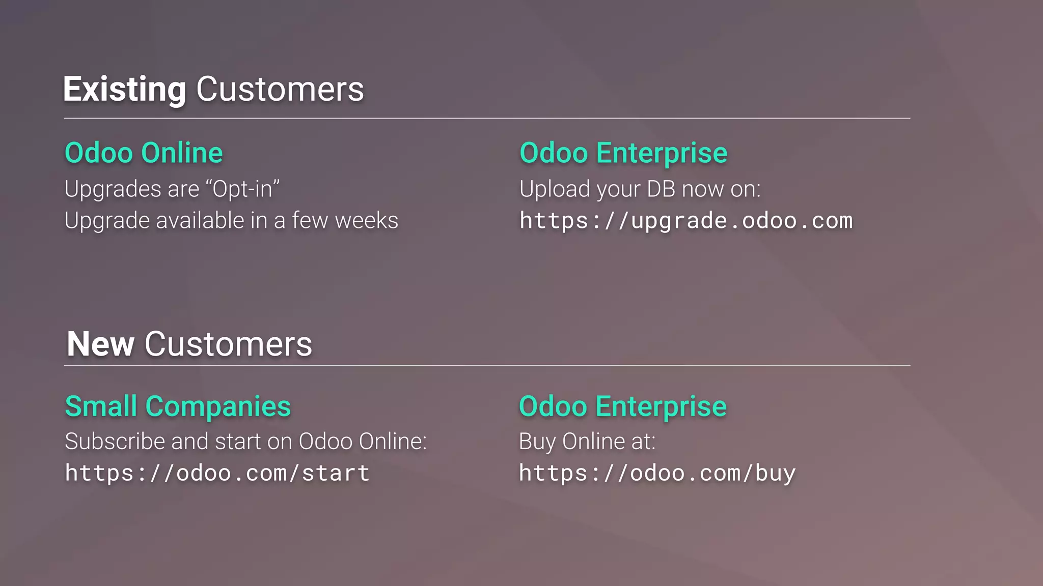 https://upgrade.odoo.com
Existing Customers
New Customers
https://odoo.com/start https://odoo.com/buy
 