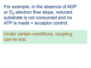 For example, in the absence of ADP
or O2 electron flow stops, reduced
substrate is not consumed and no
ATP is made = acceptor control.
Under certain conditions, coupling
can be lost.
 