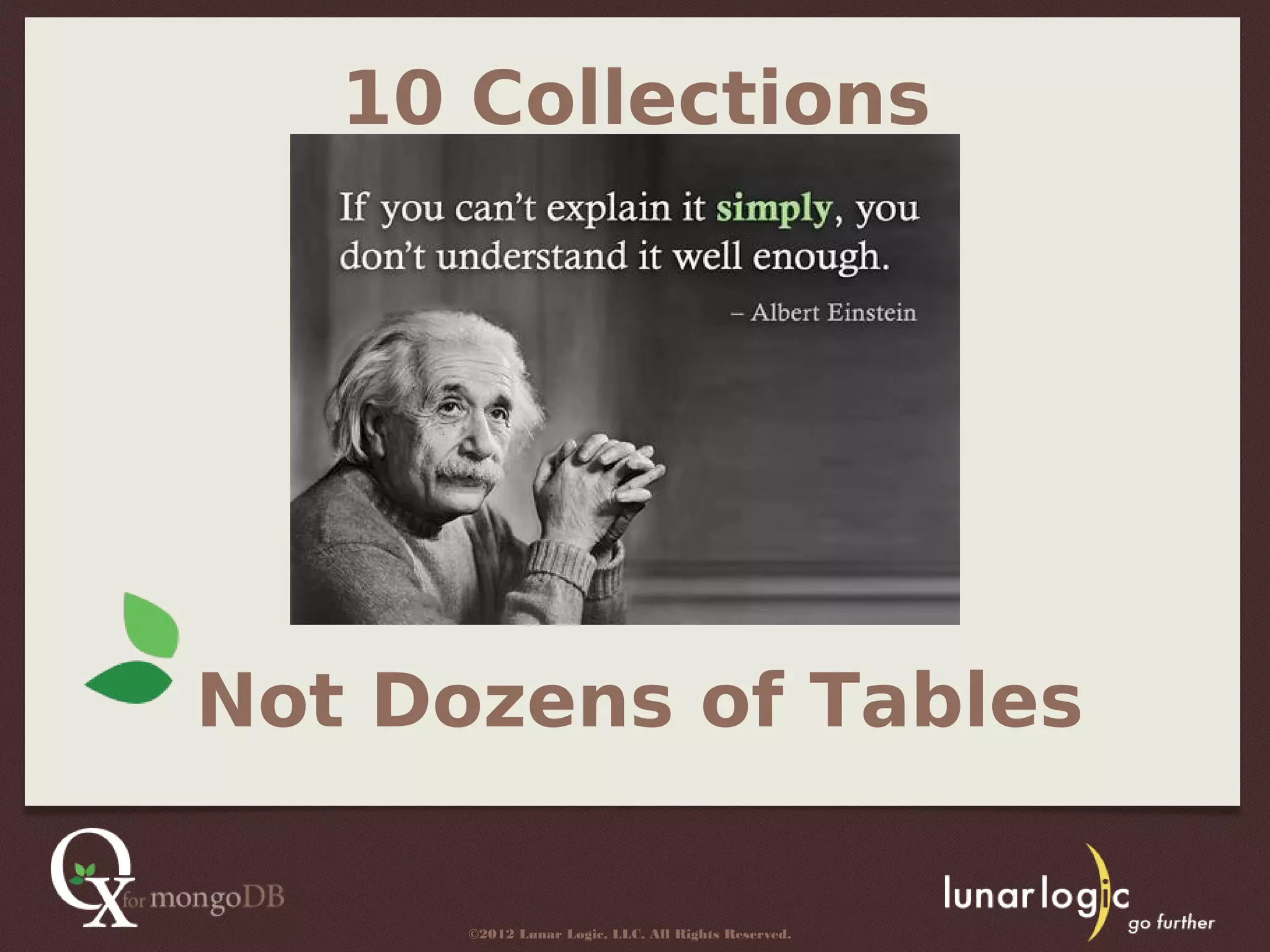10 Collections




Not Dozens of Tables

      ©2012 Lunar Logic, LLC. All Rights Reserved.
 