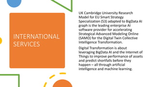 INTERNATIONAL
SERVICES
UK Cambridge University Research
Model for EU Smart Strategy
Specialization (S3) adapted to BigData AI
graph is the leading enterprise AI
software provider for accelerating
Strategical Advanced Modeling Online
(SAMO) for the Digital Twin Collective
Intelligence Transformation.
Digital Transformation is about
leveraging BigData AI and the Internet of
Things to improve performance of assets
and predict shortfalls before they
happen C all through artificial
intelligence and machine learning.
 
