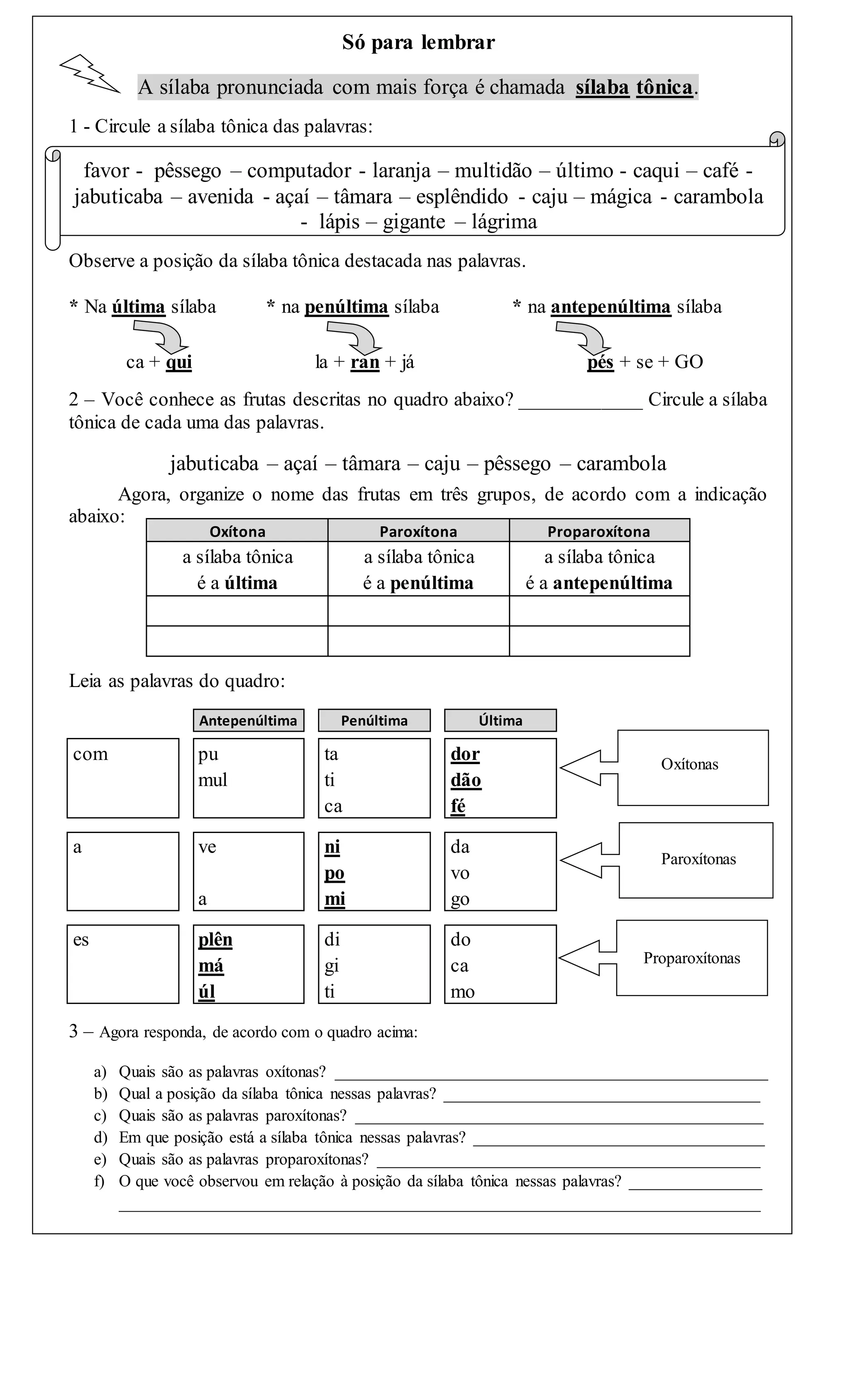 Oxítona paroxítona proparoxitonas tonicidade das palavras | DOCX