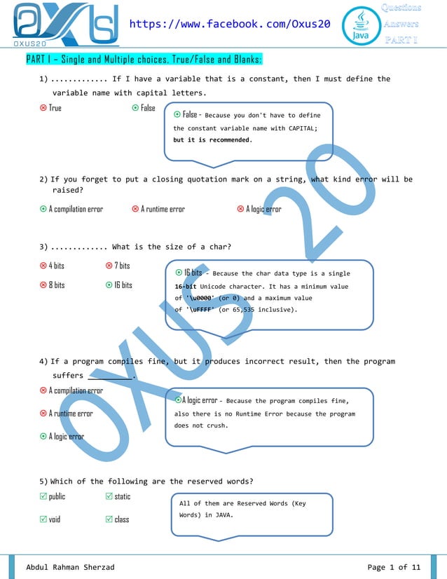 OXUS20 JAVA Programming Questions and Answers PART I | PDF