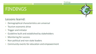 FINDINGS
Lessons learnd:
• Demographical characteristics are universal
• Tourism economic drive
• Trigger and initiator
• Guideline built and established by stakeholders
• Monitoring for success
• Non-political and non-state leaders
• Community events for education and empowerment
Findings
 
