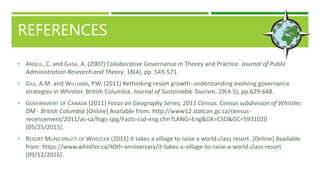 REFERENCES
• ANSELL, C. and GASH, A. (2007) Collaborative Governance in Theory and Practice. Journal of Public
Administration Research and Theory, 18(4), pp. 543-571.
• GILL, A.M. and WILLIAMS, P.W. (2011) Rethinking resort growth: understanding evolving governance
strategies in Whistler, British Columbia. Journal of Sustainable Tourism, 19(4-5), pp.629-648.
• GOVERNMENT OF CANADA (2011) Focus on Geography Series, 2011 Census. Census subdivision of Whistler,
DM - British Columbia [Online] Available from: http://www12.statcan.gc.ca/census-
recensement/2011/as-sa/fogs-spg/Facts-csd-eng.cfm?LANG=Eng&GK=CSD&GC=5931020
[05/25/2015].
• RESORT MUNICIPALITY OF WHISTLER (2015) It takes a village to raise a world-class resort. [Online] Available
from: https://www.whistler.ca/40th-anniversary/it-takes-a-village-to-raise-a-world-class-resort
[09/12/2016].
 