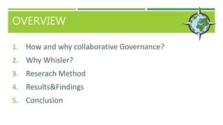 OVERVIEW
1. How and why collaborative Governance?
2. Why Whisler?
3. Reserach Method
4. Results&Findings
5. Conclusion
 