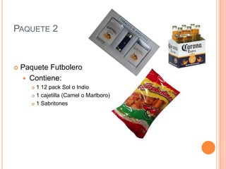 Paquete 2Paquete FutboleroContiene:1 12 pack Sol o Indio1 cajetilla (Camel o Marlboro)1 Sabritones