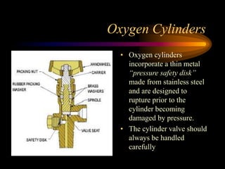 Oxygen Cylinders
• Oxygen cylinders
incorporate a thin metal
“pressure safety disk”
made from stainless steel
and are designed to
rupture prior to the
cylinder becoming
damaged by pressure.
• The cylinder valve should
always be handled
carefully

 