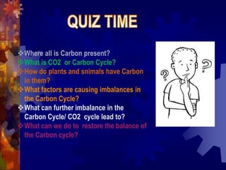 Where all is Carbon present?
What is CO2 or Carbon Cycle?
How do plants and snimals have Carbon
in them?
What factors are causing imbalances in
the Carbon Cycle?
What can further imbalance in the
Carbon Cycle/ CO2 cycle lead to?
What can we do to restore the balance of
the Carbon cycle?
 