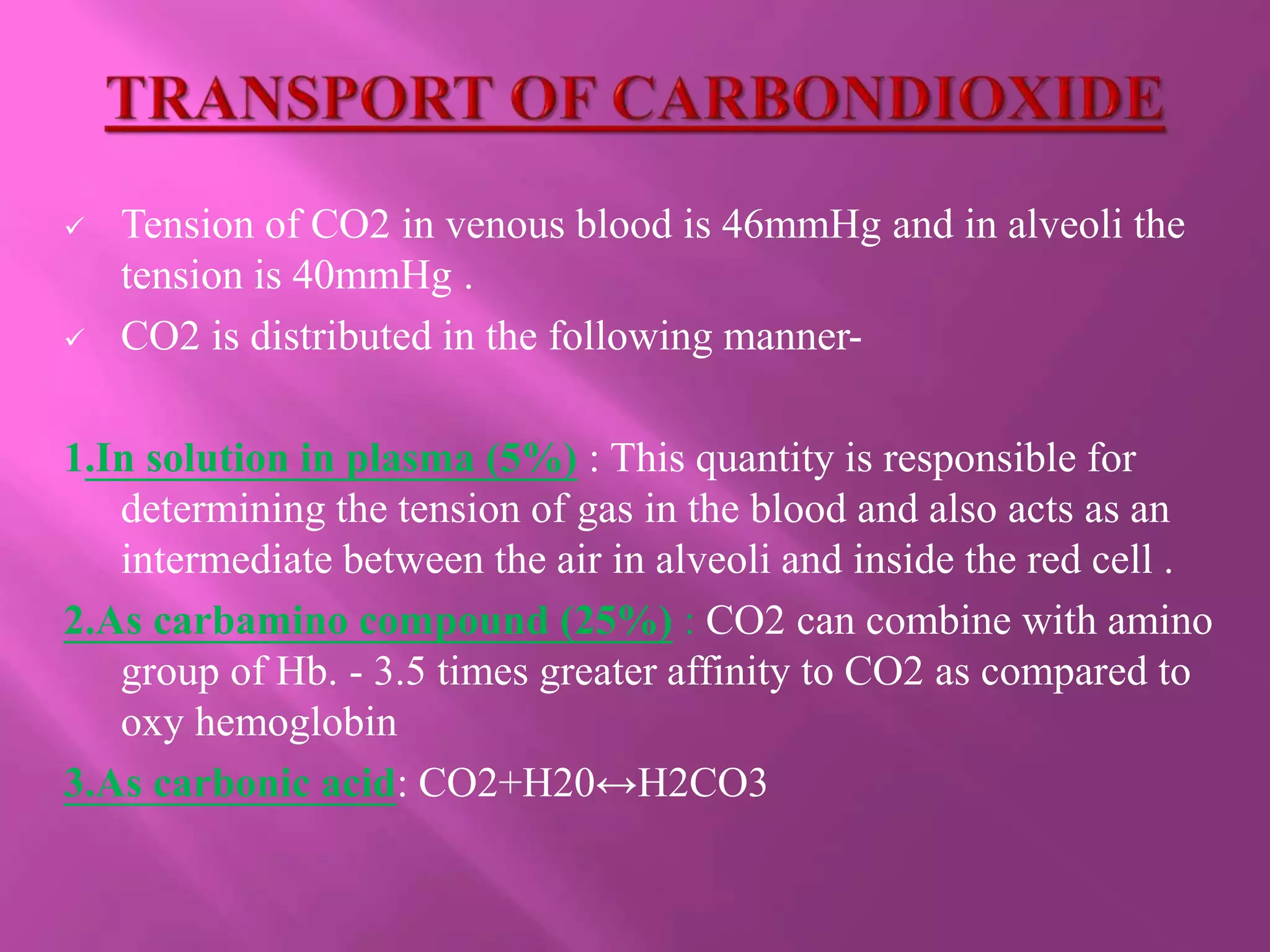  Tension of CO2 in venous blood is 46mmHg and in alveoli the
tension is 40mmHg .
 CO2 is distributed in the following manner-
1.In solution in plasma (5%) : This quantity is responsible for
determining the tension of gas in the blood and also acts as an
intermediate between the air in alveoli and inside the red cell .
2.As carbamino compound (25%) : CO2 can combine with amino
group of Hb. - 3.5 times greater affinity to CO2 as compared to
oxy hemoglobin
3.As carbonic acid: CO2+H20↔H2CO3
 