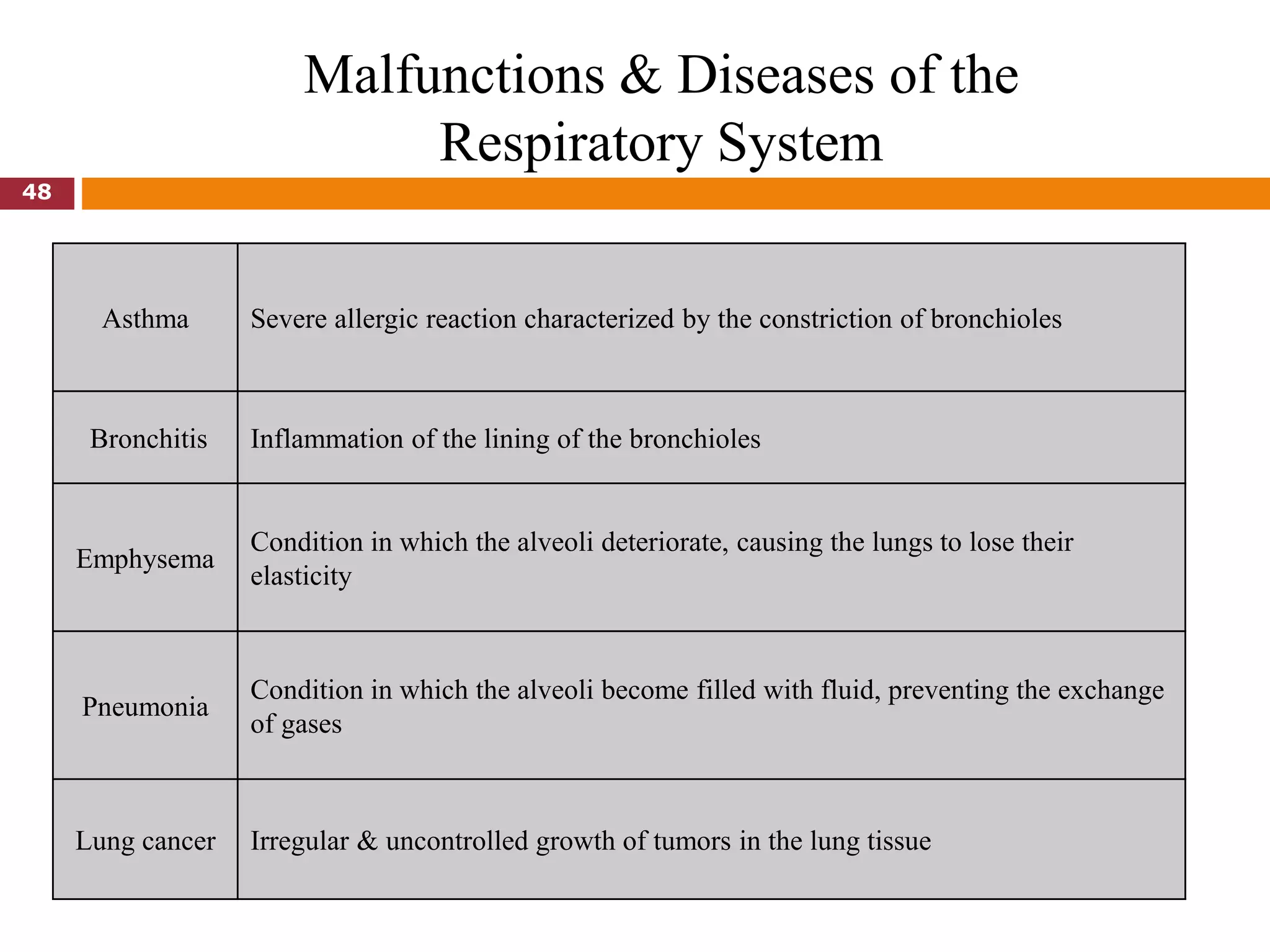 Asthma Severe allergic reaction characterized by the constriction of bronchioles
Bronchitis Inflammation of the lining of the bronchioles
Emphysema
Condition in which the alveoli deteriorate, causing the lungs to lose their
elasticity
Pneumonia
Condition in which the alveoli become filled with fluid, preventing the exchange
of gases
Lung cancer Irregular & uncontrolled growth of tumors in the lung tissue
Malfunctions & Diseases of the
Respiratory System
48
 