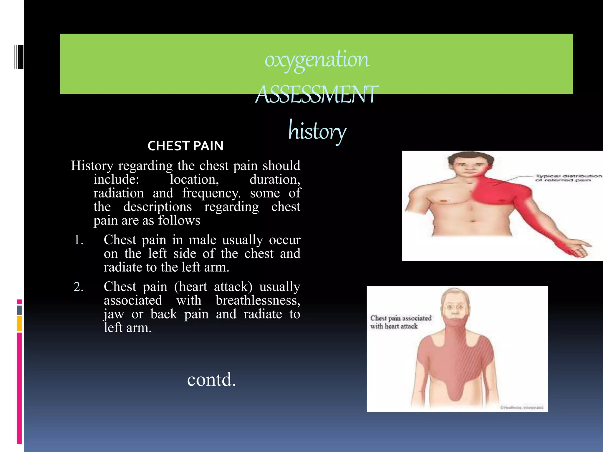 oxygenation 
ASSESSMENT 
history CHEST PAIN 
History regarding the chest pain should 
include: location, duration, 
radiation and frequency. some of 
the descriptions regarding chest 
pain are as follows 
1. Chest pain in male usually occur 
on the left side of the chest and 
radiate to the left arm. 
2. Chest pain (heart attack) usually 
associated with breathlessness, 
jaw or back pain and radiate to 
left arm. 
contd. 
 