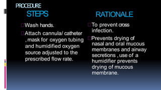 PROCEDURE
STEPS
Wash hands.
Attach cannula/ catheter
and humidified oxygen
source adjusted to the
prescribed flow rate.
RATIONALE
To prevent cross
infection.
, mask for oxygen tubing Prevents drying of
nasal and oral mucous
membranes and airway
secretions , use of a
humidifier prevents
drying of mucous
membrane.
 