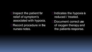 Inspect the patient for
relief of symptom's
associated with hypoxia.
Record procedure in the
nurses notes.
Indicates the hypoxia is
reduced / treated.
Document correct use
of oxygen therapy and
the patients response.
 