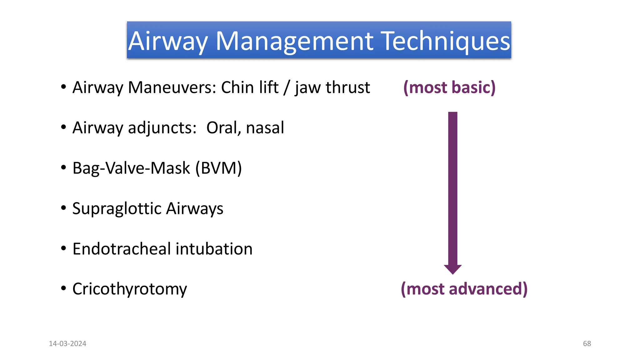 Airway Management Techniques
• Airway Maneuvers: Chin lift / jaw thrust (most basic)
• Airway adjuncts: Oral, nasal
• Bag-Valve-Mask (BVM)
• Supraglottic Airways
• Endotracheal intubation
• Cricothyrotomy (most advanced)
68
14-03-2024 68
 