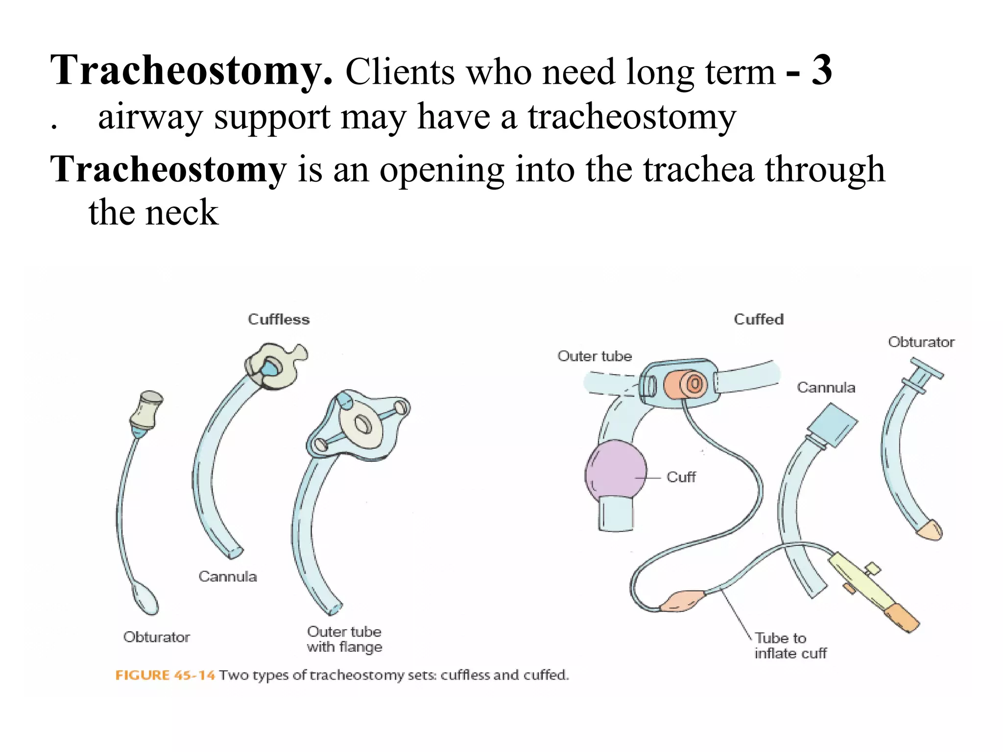 3
-
Tracheostomy. Clients who need long term
airway support may have a tracheostomy
.
Tracheostomy is an opening into the trachea through
the neck
 