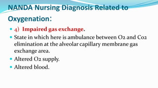 NANDA Nursing Diagnosis Related to
Oxygenation:
 4) Impaired gas exchange.
 State in which here is ambulance between O2 and Co2
elimination at the alveolar capillary membrane gas
exchange area.
 Altered O2 supply.
 Altered blood.
 