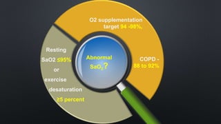 Abnormal
SaO2?
Resting
SaO2 ≤95%
or
exercise
desaturation
≥5 percent
O2 supplementation
target 94 -98%,
COPD -
88 to 92%
 